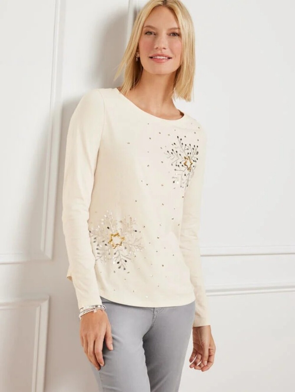 Talbots Cream Embellished Long-Sleeve Crewneck Snowflake Top